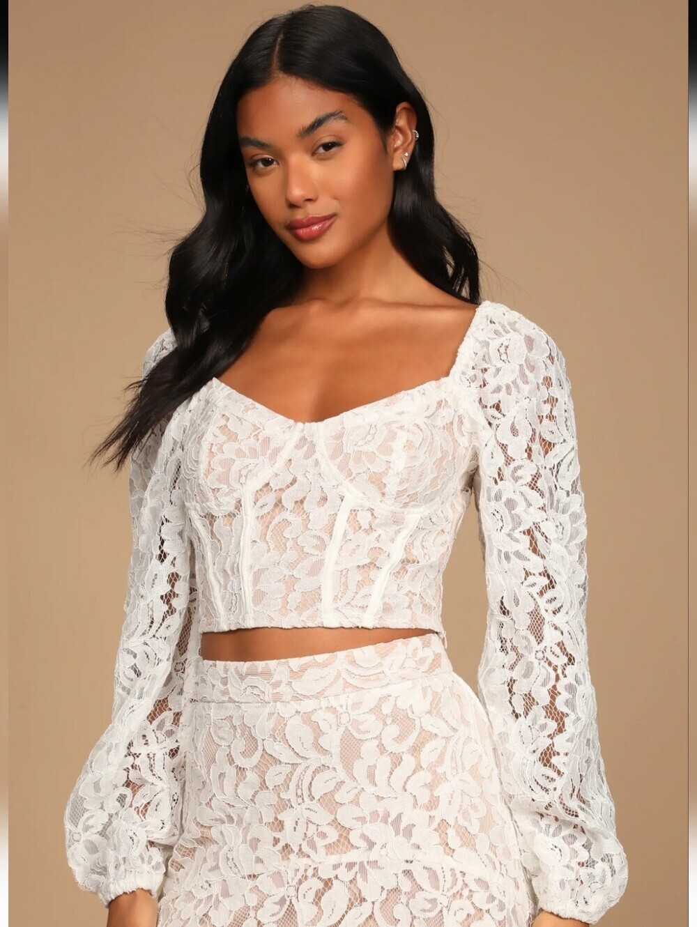 Lulus Real Romance Ivory Lace Long Sleeve Bustier Crop Top XS